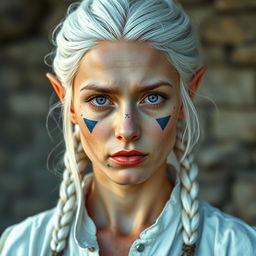 A semi-elf woman aged 30, robust with a height of 1