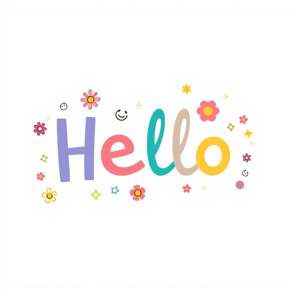 Hello, a whimsical and friendly greeting with colorful letters, surrounded by cheerful doodles of flowers, stars, and smiley faces