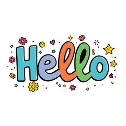 Hello, a whimsical and friendly greeting with colorful letters, surrounded by cheerful doodles of flowers, stars, and smiley faces