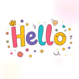 Hello, a whimsical and friendly greeting with colorful letters, surrounded by cheerful doodles of flowers, stars, and smiley faces