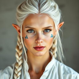 A semi-elf woman aged 30, robust with a height of 1