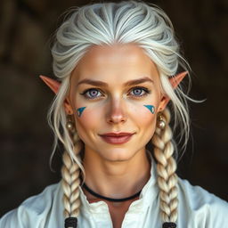 A semi-elf woman aged 30, robust with a height of 1