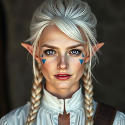 A semi-elf woman aged 30, robust with a height of 1