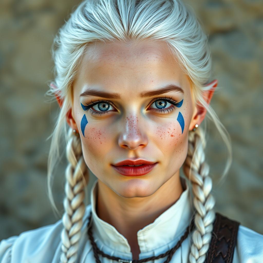 A semi-elf woman aged 30, robust with a height of 1