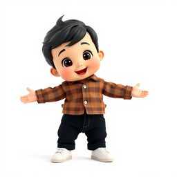 A cartoon 3D depiction of a 10-month-old baby boy standing with his legs and arms open in a cheerful pose