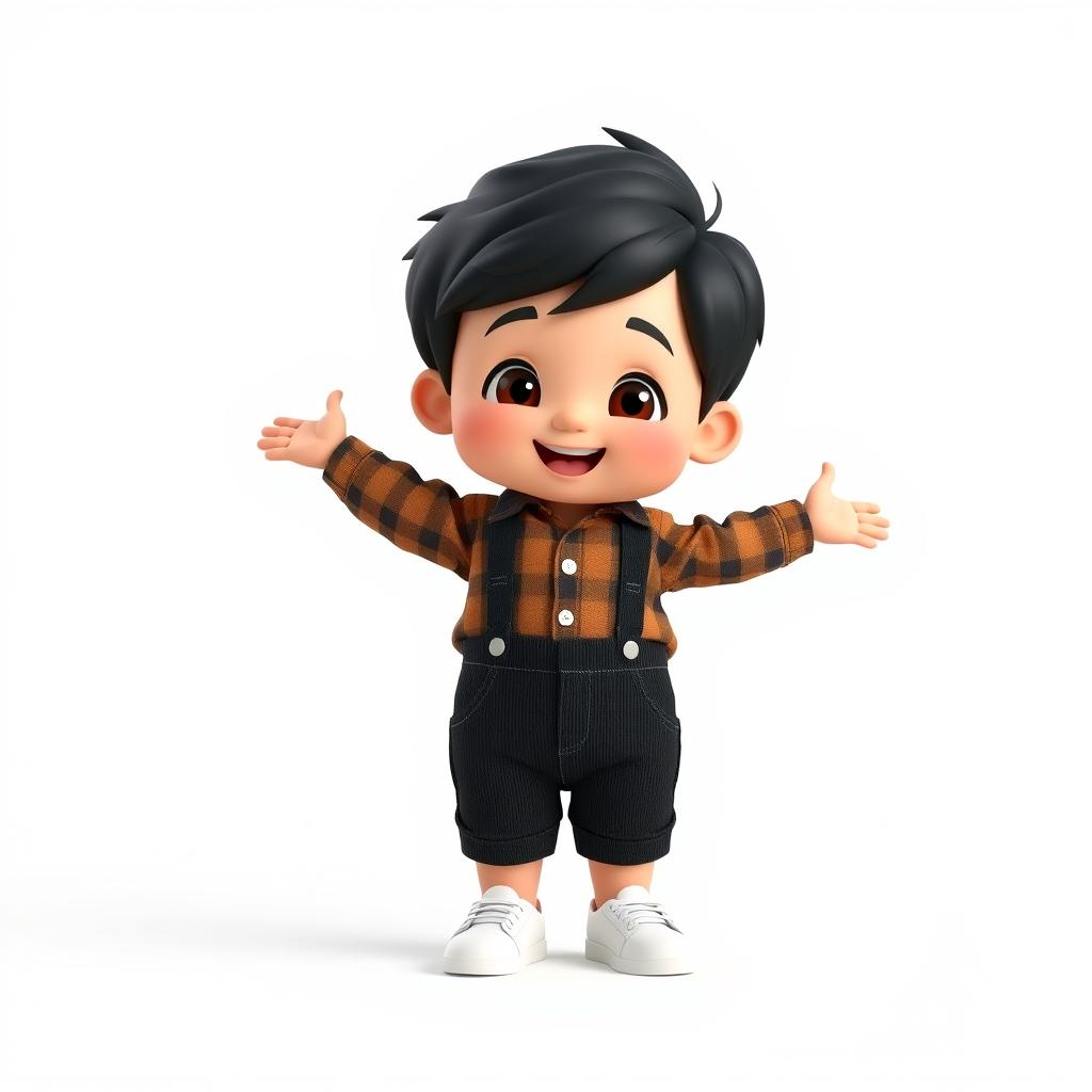 A cartoon 3D depiction of a 10-month-old baby boy standing with his legs and arms open in a cheerful pose