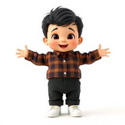 A cartoon 3D depiction of a 10-month-old baby boy standing with his legs and arms open in a cheerful pose