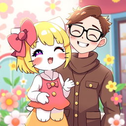 A cute girl resembling Hello Kitty, featuring bright blonde hair, happily standing next to her boyfriend who is wearing glasses and has brown hair