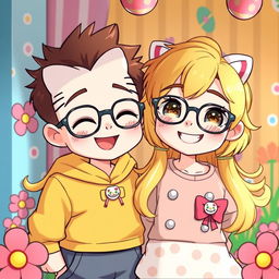 A cute girl resembling Hello Kitty, featuring bright blonde hair, happily standing next to her boyfriend who is wearing glasses and has brown hair