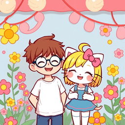 A cute girl resembling Hello Kitty, featuring bright blonde hair, happily standing next to her boyfriend who is wearing glasses and has brown hair