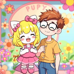 A cute girl resembling Hello Kitty, featuring bright blonde hair, happily standing next to her boyfriend who is wearing glasses and has brown hair