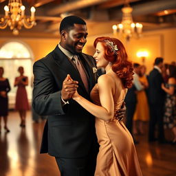 A strong, young black man dancing with a young red-haired woman, both dressed in elegant 1940s attire