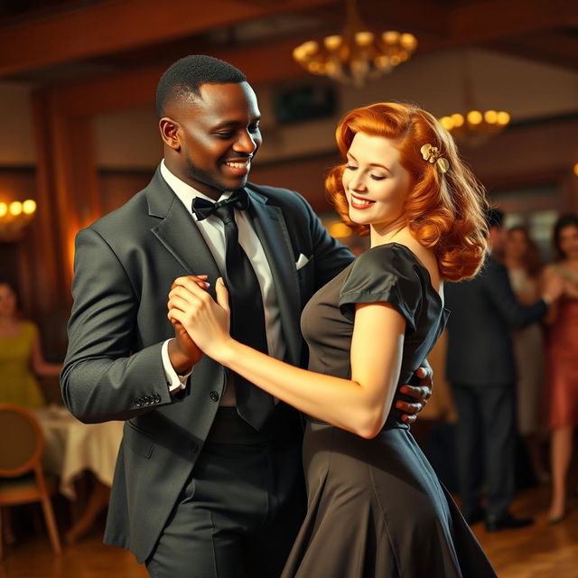 A strong, young black man dancing with a young red-haired woman, both dressed in elegant 1940s attire