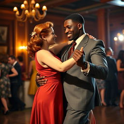 A strong, young black man dancing with a young red-haired woman, both dressed in elegant 1940s attire