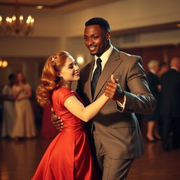 A strong, young black man dancing with a young red-haired woman, both dressed in elegant 1940s attire