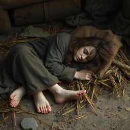 A scene depicting a medieval squatter sleeping on the ground over a pile of rags and straw