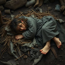 A scene depicting a medieval squatter sleeping on the ground over a pile of rags and straw