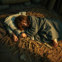 A scene depicting a medieval squatter sleeping on the ground over a pile of rags and straw