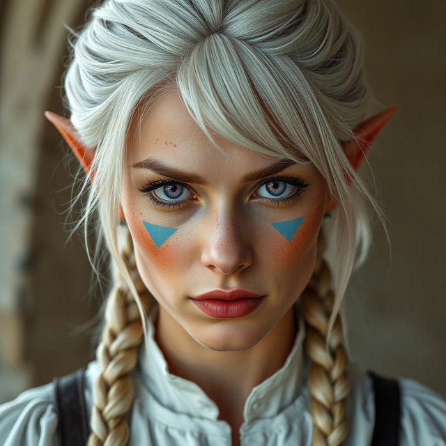 A semi-elf woman aged 30, robust with a height of 1