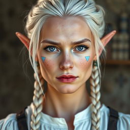 A semi-elf woman aged 30, robust with a height of 1