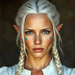 A semi-elf woman aged 30, robust with a height of 1