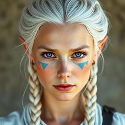 A semi-elf woman aged 30, robust with a height of 1