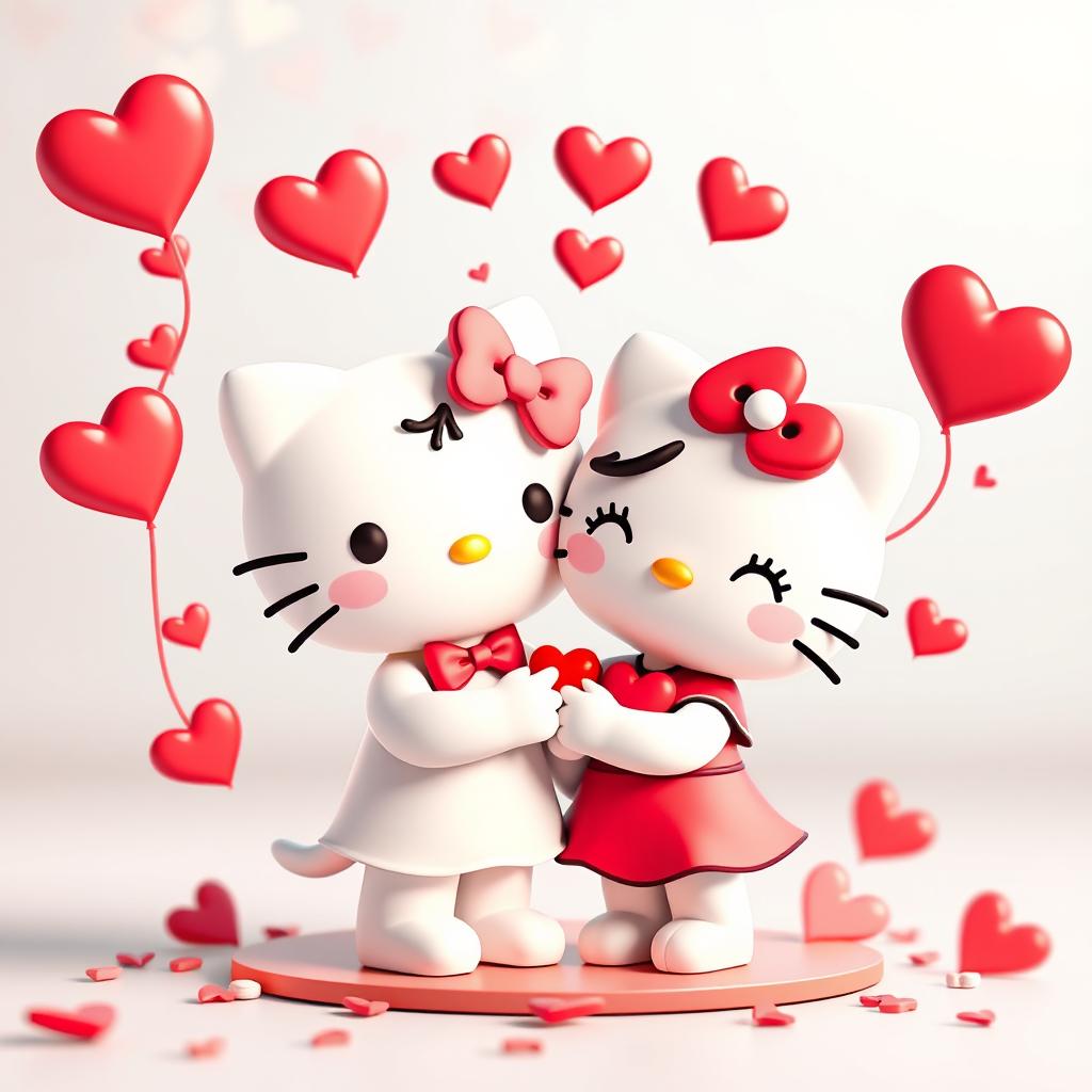 A 3D illustration of a loving couple inspired by Hello Kitty, showcasing the iconic character alongside a charming companion