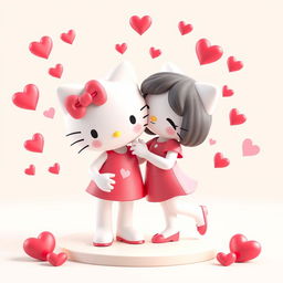 A 3D illustration of a loving couple inspired by Hello Kitty, showcasing the iconic character alongside a charming companion