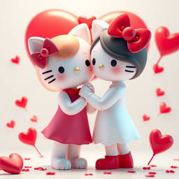 A 3D illustration of a loving couple inspired by Hello Kitty, showcasing the iconic character alongside a charming companion