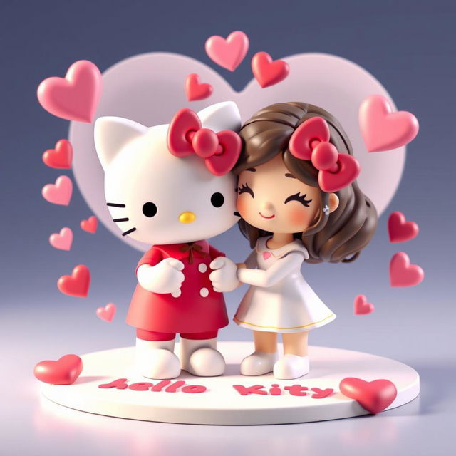 A 3D illustration of a loving couple inspired by Hello Kitty, showcasing the iconic character alongside a charming companion