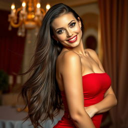 A stunning and alluring woman with long flowing hair, wearing a form-fitting red dress that accentuates her curves, posing confidently in a luxurious setting with soft, ambient lighting