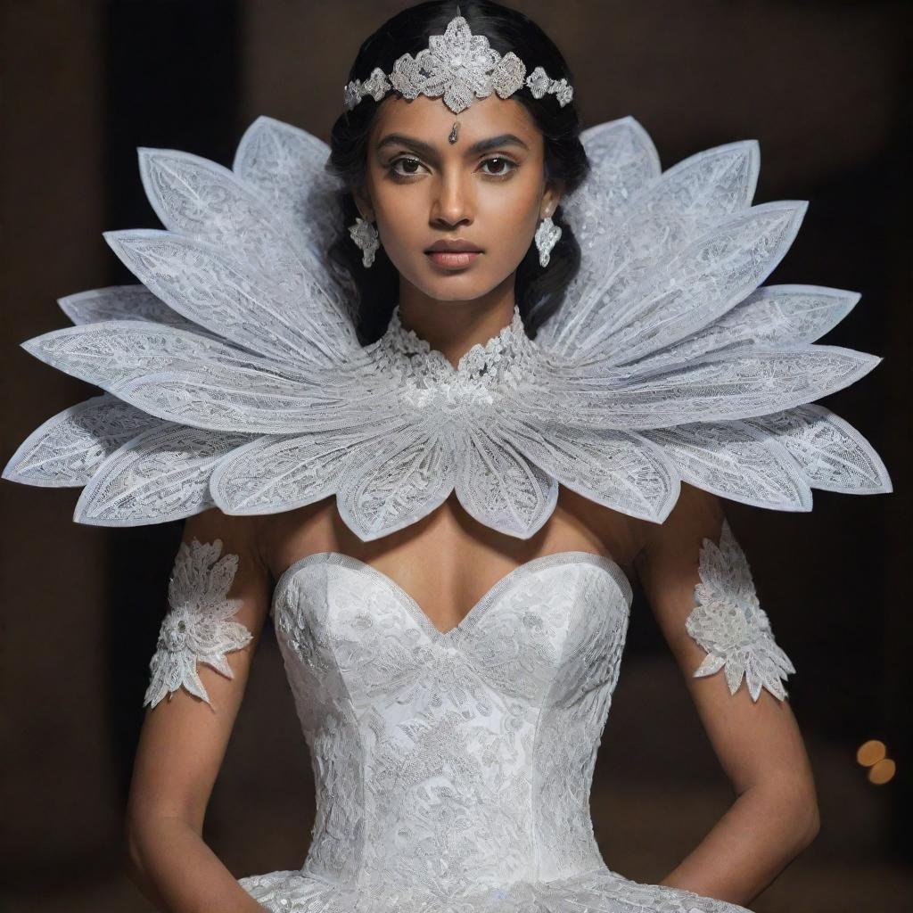 Engraving-inspired costumes based on the Sri Lankan Kadupul flower, also known as the Queen of the Night, featuring intricate details of the flower's white petals and unique shape.