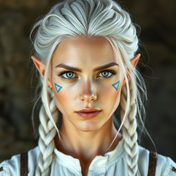 A semi-elf woman aged 28, robust with a height of 1