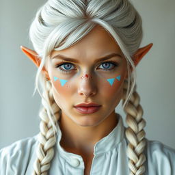 A semi-elf woman aged 28, robust with a height of 1