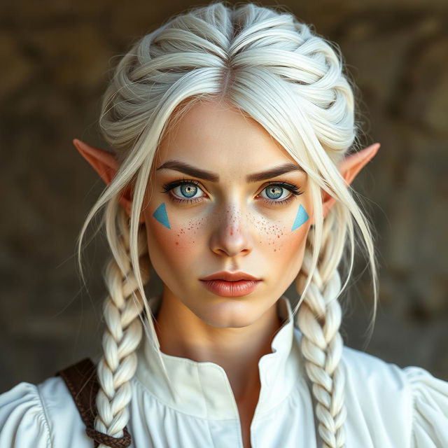 A semi-elf woman aged 28, robust with a height of 1