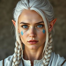 A semi-elf woman aged 28, robust with a height of 1