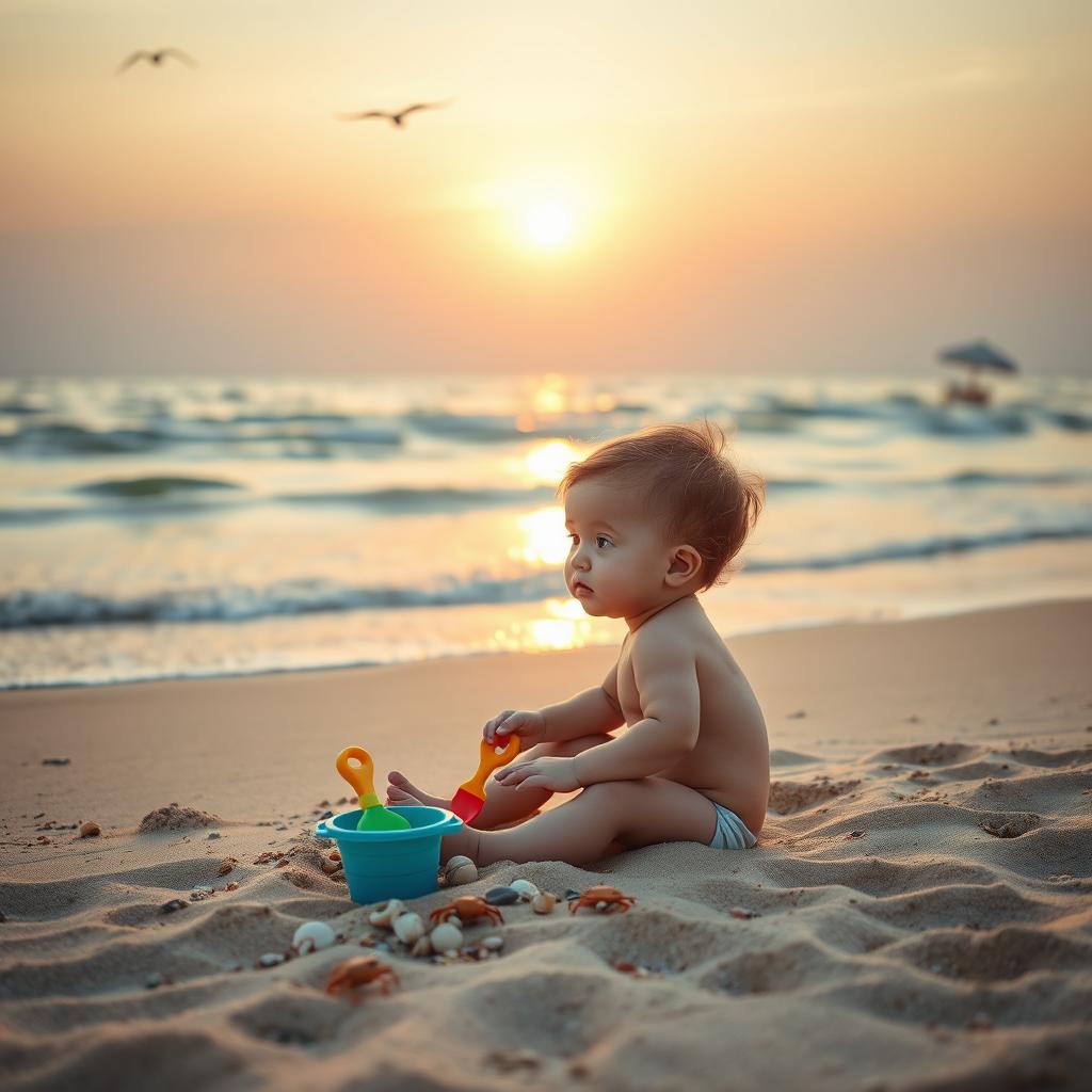 A serene beach scene featuring a young child with thoughtful eyes sitting on the warm sand, gazing at the gentle waves lapping at the shore