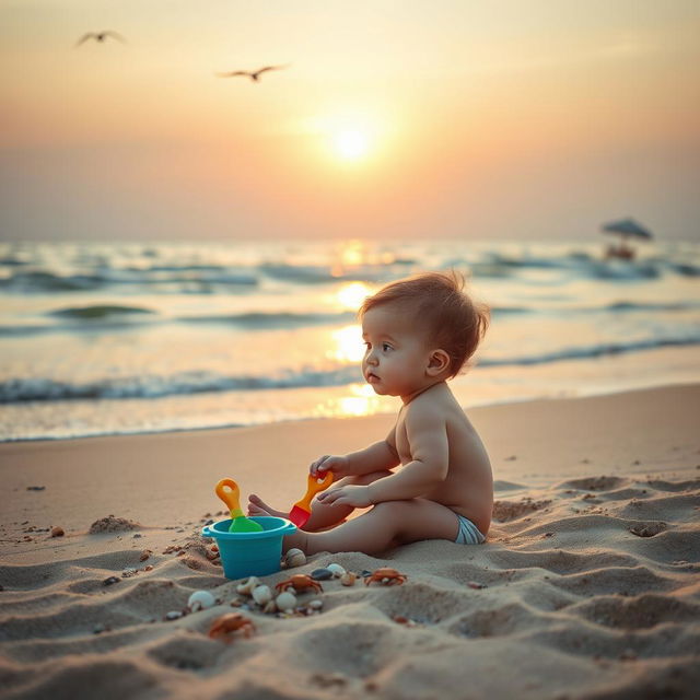 A serene beach scene featuring a young child with thoughtful eyes sitting on the warm sand, gazing at the gentle waves lapping at the shore