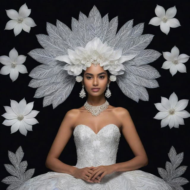 Engraving-inspired costumes based on the Sri Lankan Kadupul flower, also known as the Queen of the Night, featuring intricate details of the flower's white petals and unique shape.