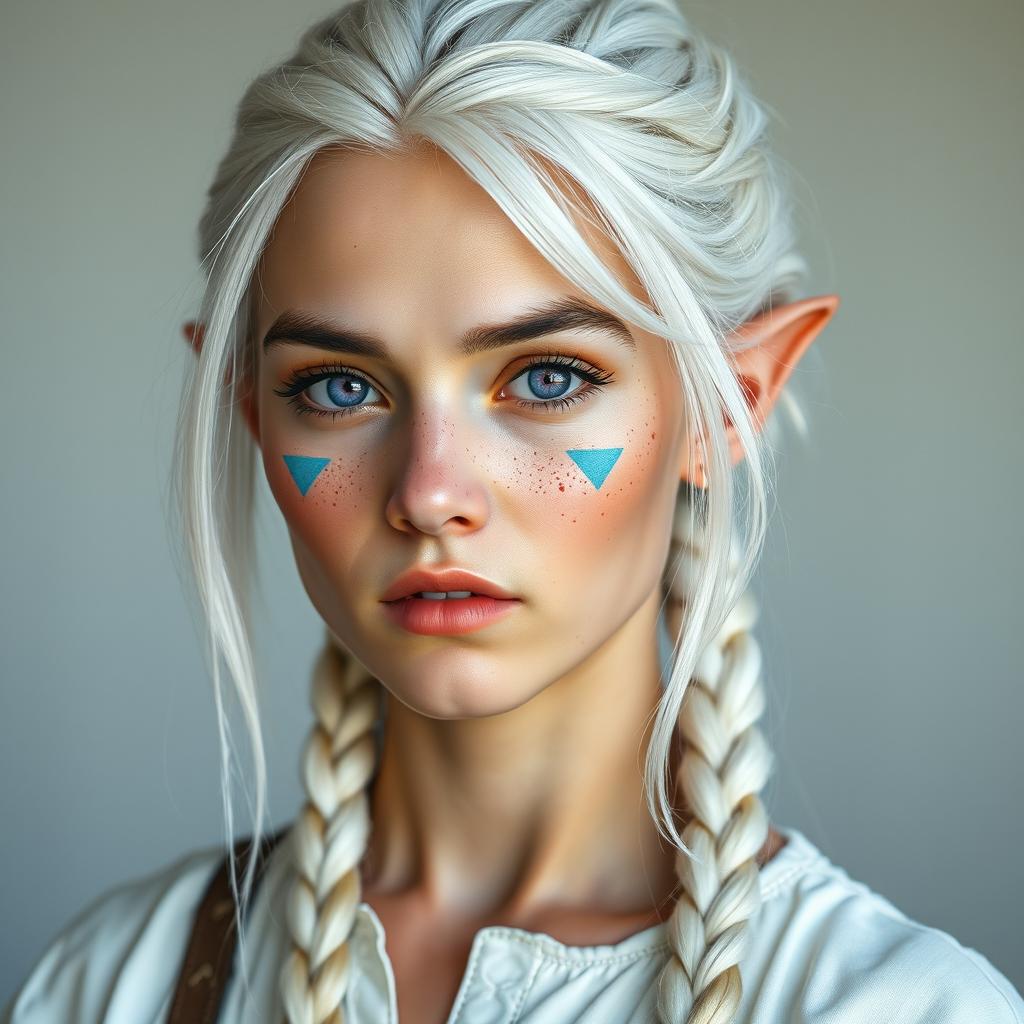 A semi-elf woman aged 28, robust with a height of 1