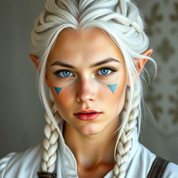 A semi-elf woman aged 28, robust with a height of 1