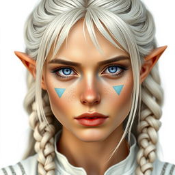 A semi-elf woman aged 28, robust with a height of 1