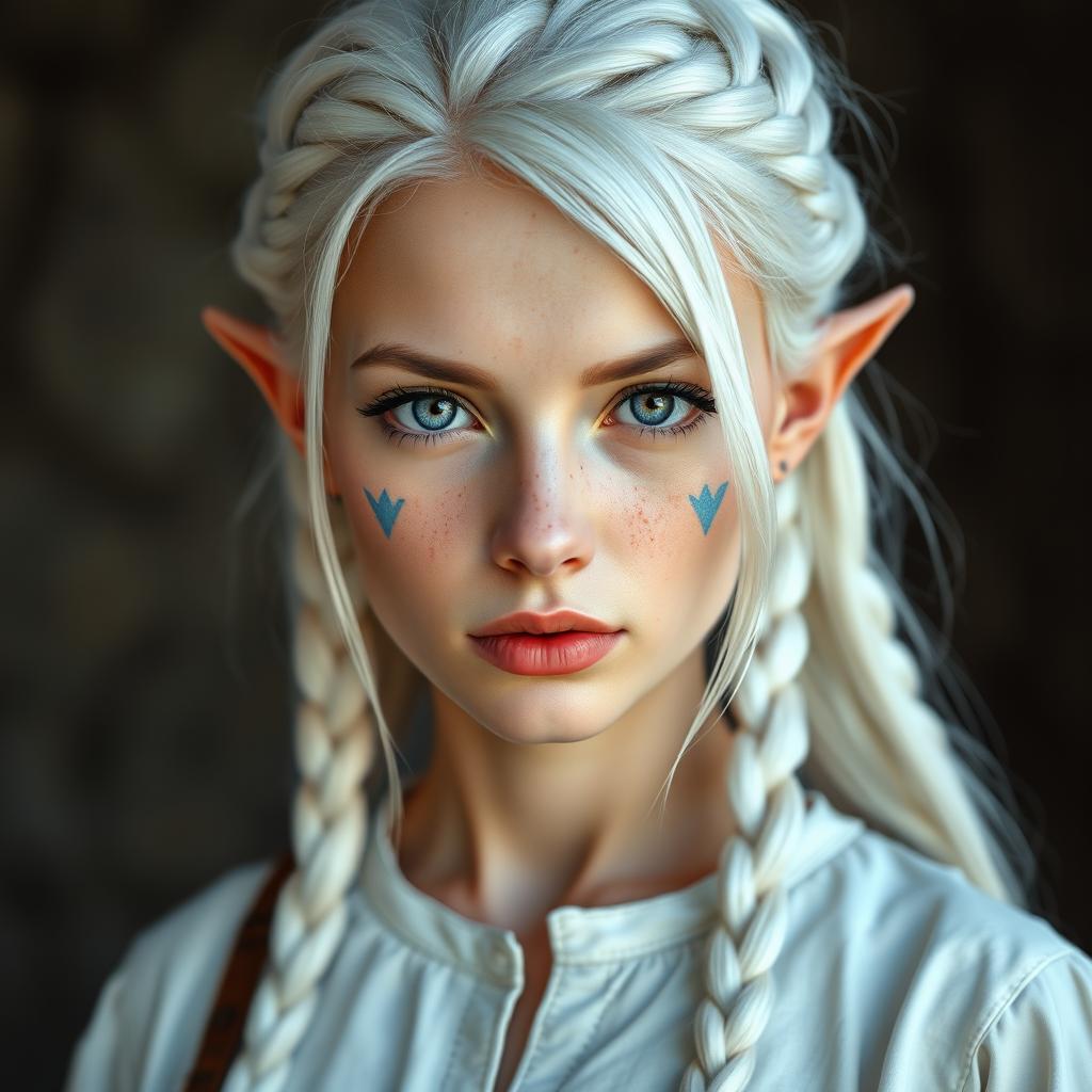 A semi-elf woman aged 28, robust with a height of 1