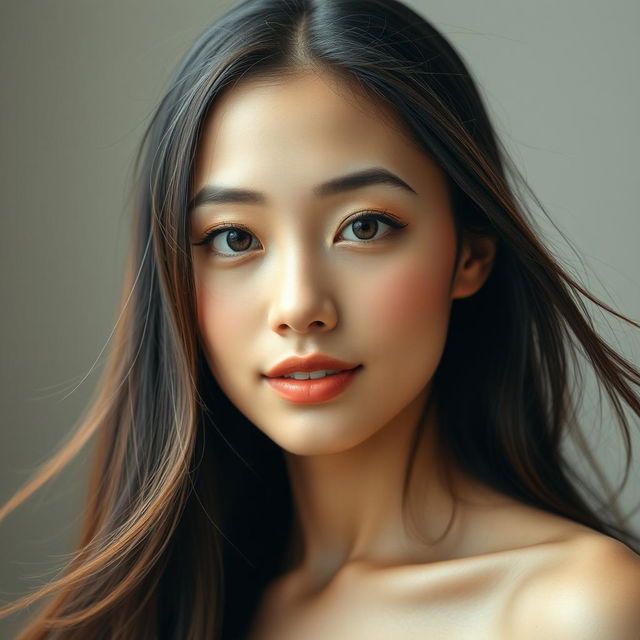 A beautiful Asian woman with Chinese and Vietnamese features, showcasing her lovely, bare face