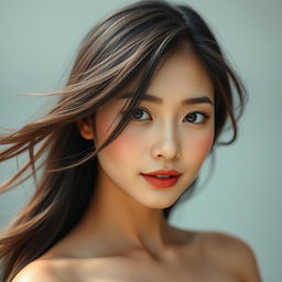 A beautiful Asian woman with Chinese and Vietnamese features, showcasing her lovely, bare face