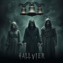 A chilling cinematic horror poster featuring three ghostly figures