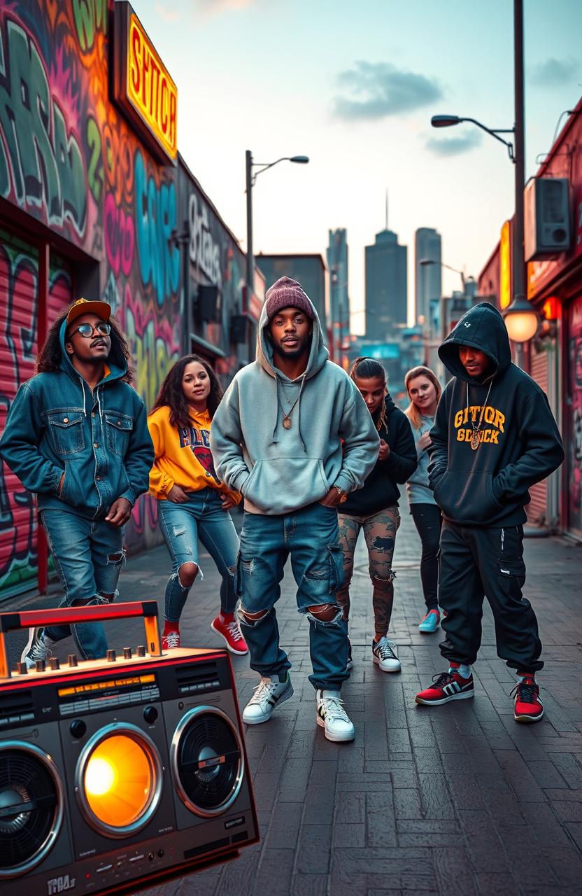 A vibrant street scene capturing the essence of trap malianteo culture, featuring a dynamic group of young adults dressed in stylish urban clothing, including baggy jeans, oversized hoodies, and flashy sneakers