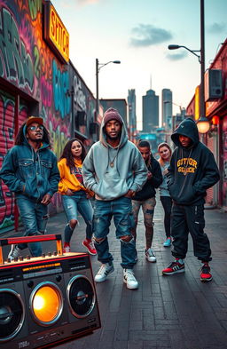 A vibrant street scene capturing the essence of trap malianteo culture, featuring a dynamic group of young adults dressed in stylish urban clothing, including baggy jeans, oversized hoodies, and flashy sneakers