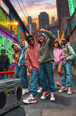 A vibrant street scene capturing the essence of trap malianteo culture, featuring a dynamic group of young adults dressed in stylish urban clothing, including baggy jeans, oversized hoodies, and flashy sneakers