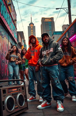 A vibrant street scene capturing the essence of trap malianteo culture, featuring a dynamic group of young adults dressed in stylish urban clothing, including baggy jeans, oversized hoodies, and flashy sneakers